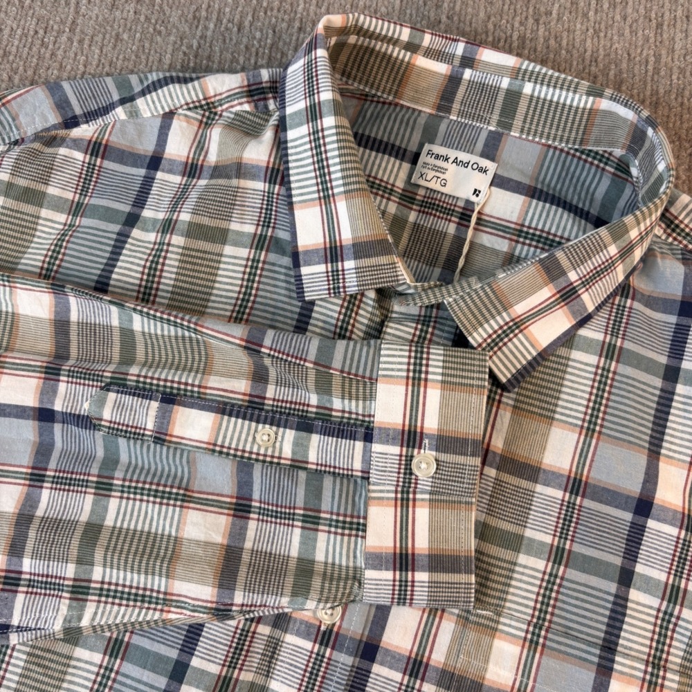 Frank And Oak Mens XL Plaid Poplin Shirt Organic Cotton Green Blue 1110683-5FD